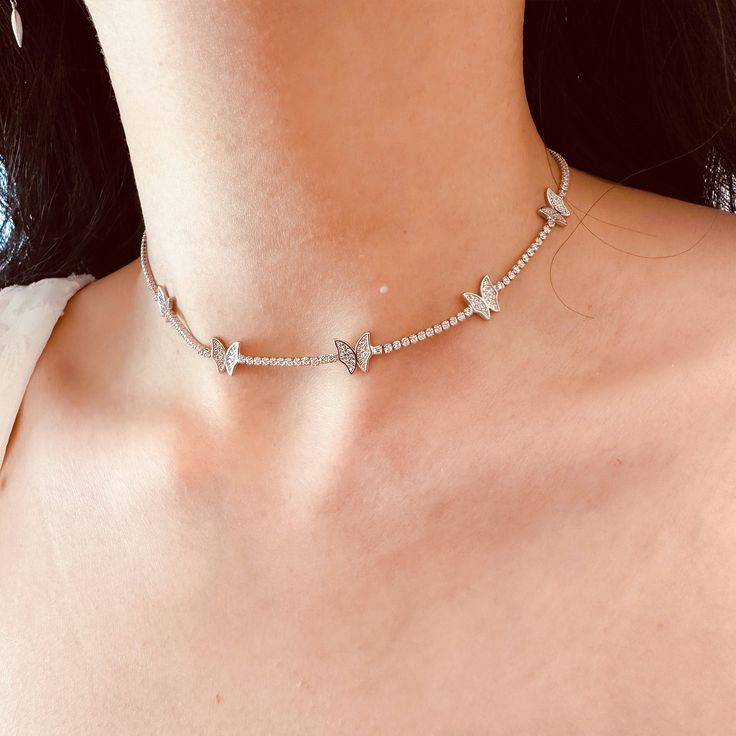 cubic zirconia butterfly choker tennis necklace Butterfly Choker Necklace, Butterfly Choker, Bridal Jewelry Set, Tennis Necklace, 925 Sterling Silver Chain, Fine Jewelry Collection, Bridal Jewelry Sets, Butterfly Design, Jewelry Lover