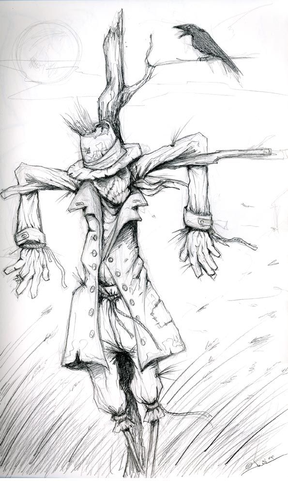 a black and white drawing of a scarecrow holding a stick with two hands on it