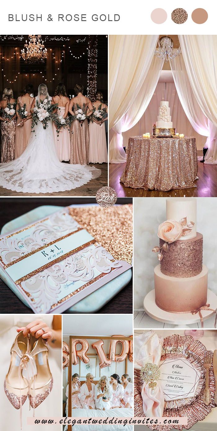 a collage of wedding photos with gold and pink accents on the cake, table cloths, and decorations