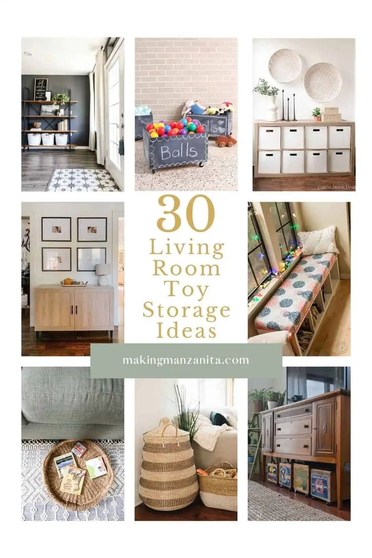 the collage shows different rooms and storage items