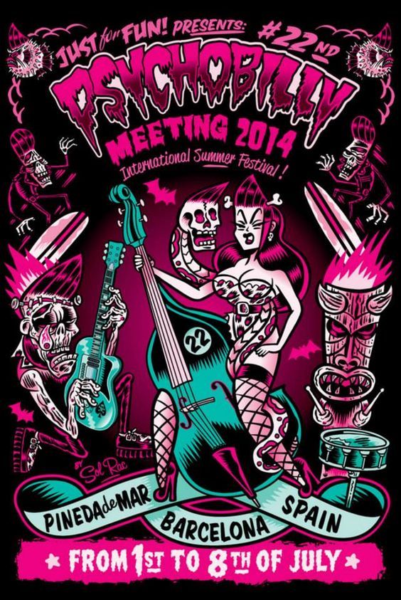 a concert poster with skeletons and guitars