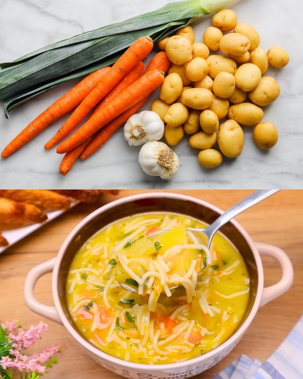 two pictures with different types of food in them and one has broccoli, carrots, potatoes