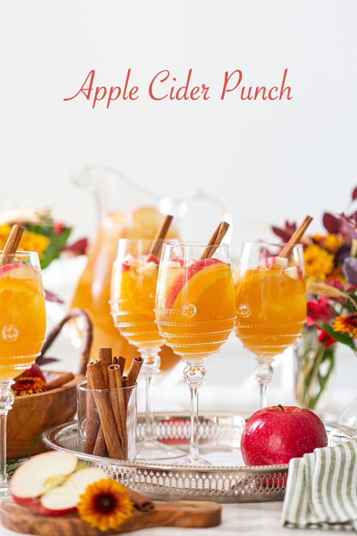 apples cider punch served in glasses with cinnamon stick garnish on the side