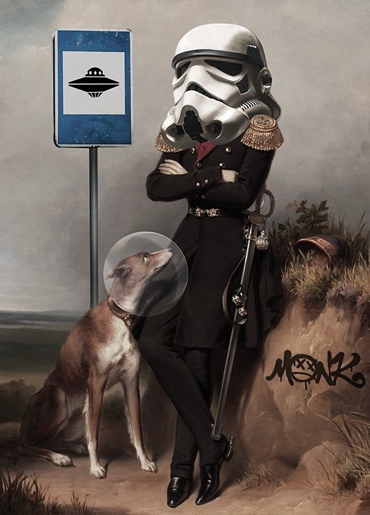 a painting of a man in a storm trooper outfit with a dog sitting next to him