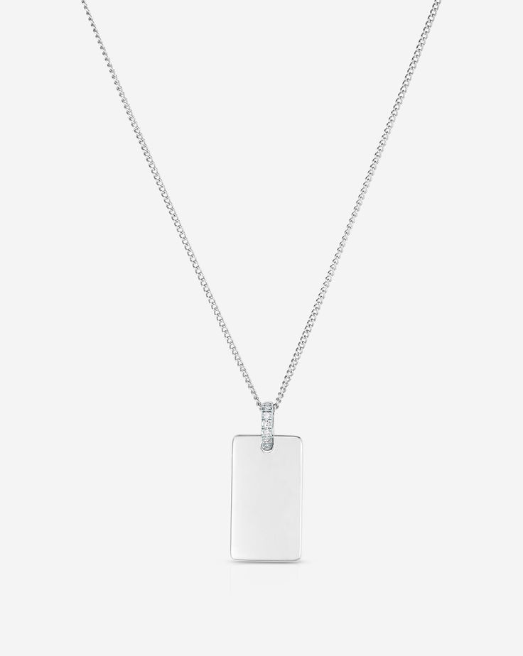 Engravable Rectangle Pendant Necklace in White Gold without engraving. Modern Jewelry With Single Cut Rectangular Diamonds, Classic White Gold Rectangular Pendant Necklace, Modern Rectangular Jewelry With Single Cut Diamonds, Elegant White Gold Diamond Necklace With Rectangular Shape, Elegant Rectangular White Gold Diamond Necklace, Classic Diamond Necklace With Rectangular Pendant For Formal Occasions, Classic Formal Diamond Necklace With Rectangular Pendant, Classic White Jewelry With Rectangular Pendant, Classic Engraved Sterling Silver Diamond Necklace