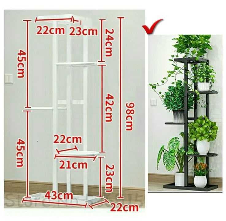 three tiered shelving unit with plants on each shelf and measurements for each shelf