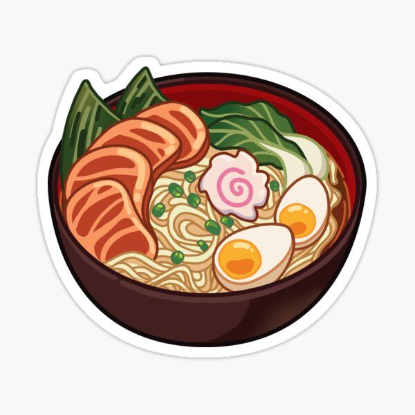 a bowl of ramen with meat, eggs and greens sticker on the side