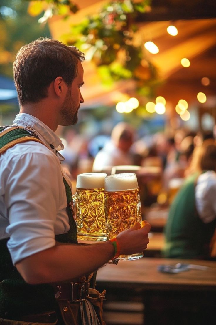 a man holding two mugs of beer in his hand