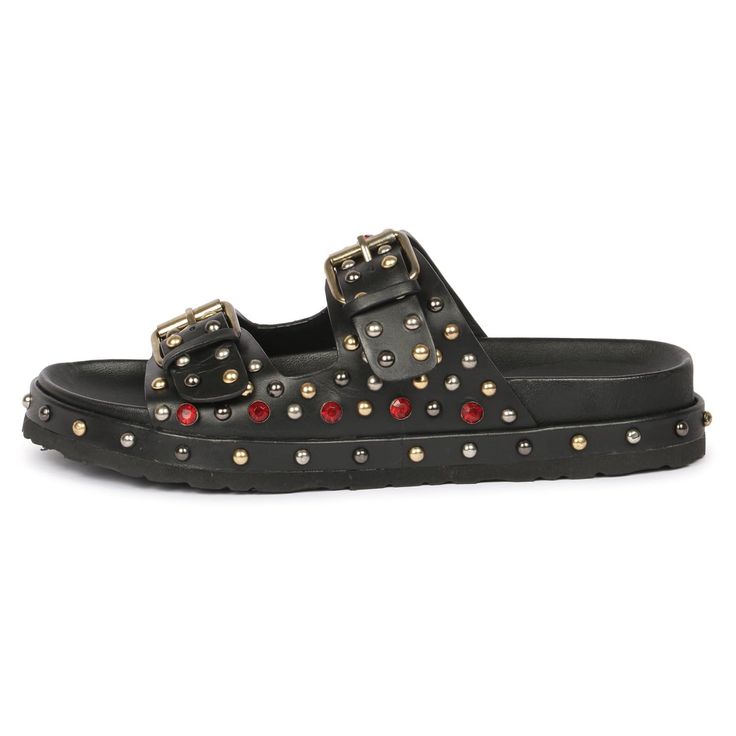 Super-comfortable handcrafted black leather flat with multi-stud detail, upper and midsole embellished with multi studs. This double-strap slip-on sandal can be adjusted by the double buckles on top to find the most comfortable position, leather lining, rubber sole, and padded leather footbed. Wipe Clean Casual Leather Sandals With Studs, Black Open Toe Sandals With Gold Studs, Leather Studded Slip-on Sandals, Leather Slip-on Sandals With Studs, Gold Studded Round Toe Sandals, Casual Gold-studded Sandals For Summer, Casual Sandals With Gold Studs For Summer, Black Leather Sandals With Gold Studs, Leather Sandals With Gold Studs And Round Toe