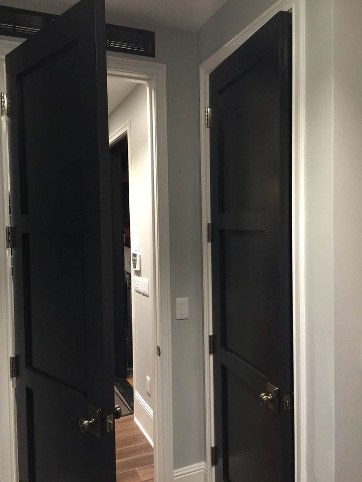 two black doors are open in an empty room with hard wood flooring and white walls