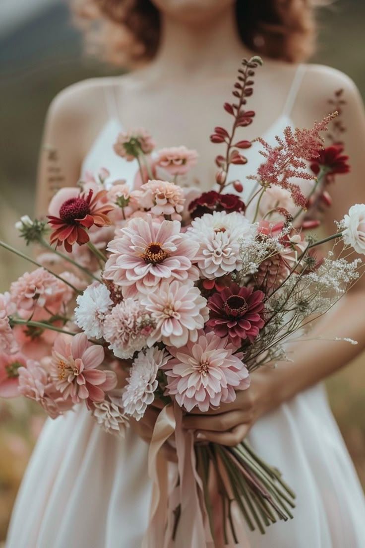 a woman holding a bouquet of flowers in her hands