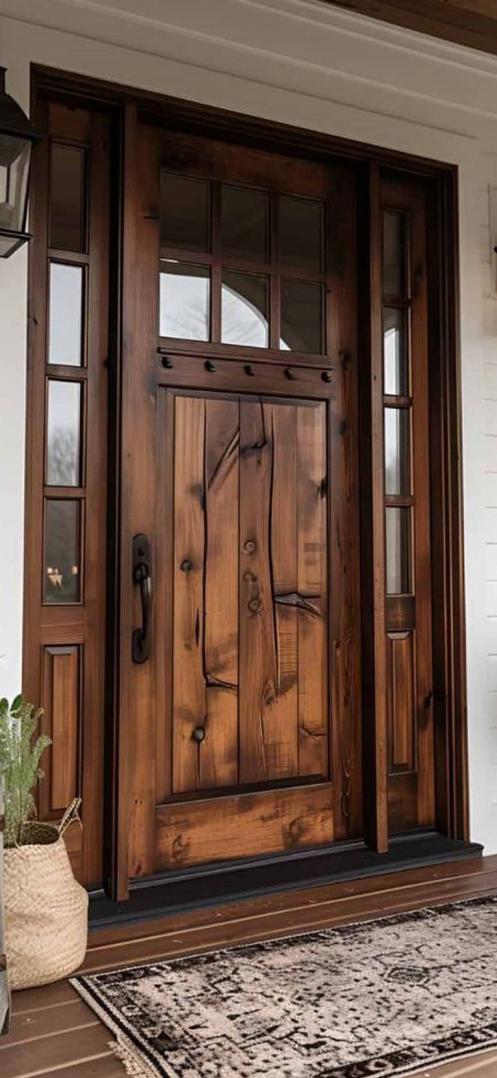 a wooden front door with two sidelights