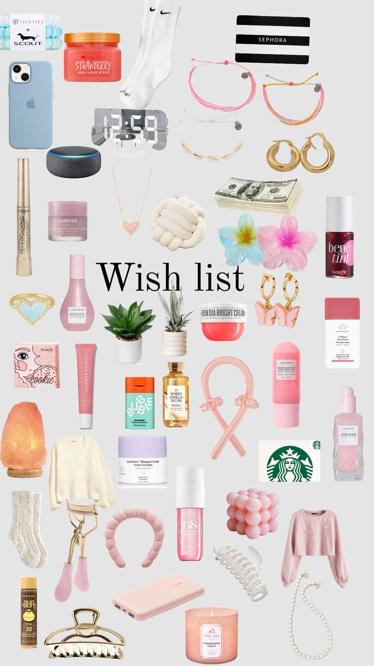 the words wish list are surrounded by many different items and things that can be seen in this