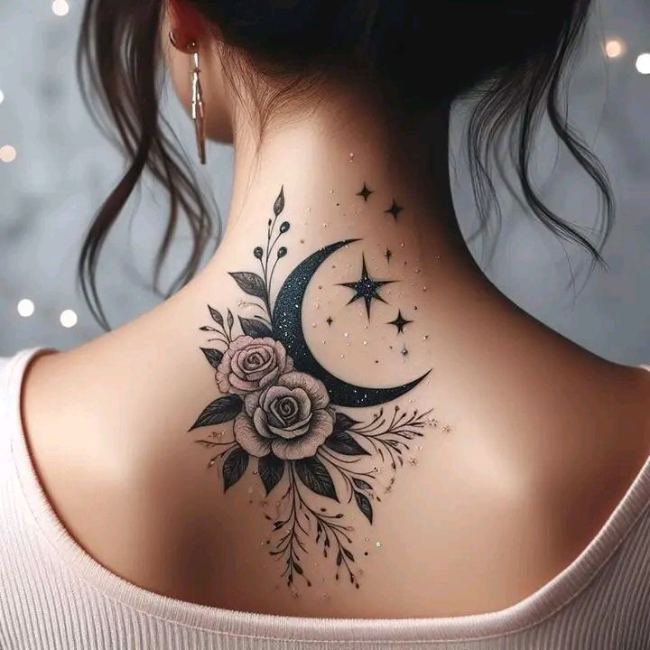 a woman's back neck with a flower and moon tattoo on her left side