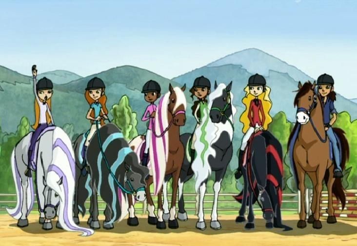 several cartoon horses are lined up in front of a fence and some mountains behind them