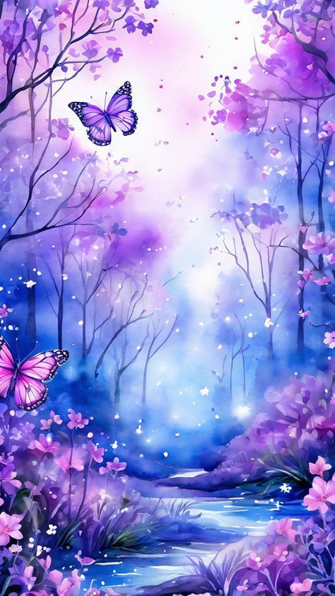 a painting of purple flowers and butterflies flying in the sky over a river with water