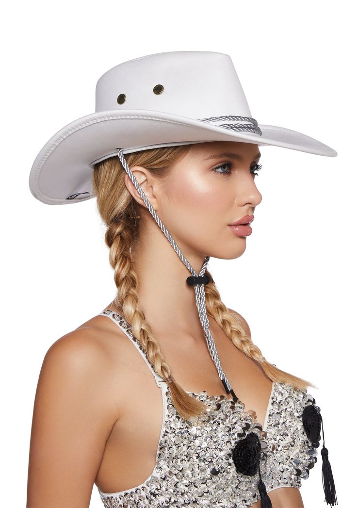 giddy up! This cowboy hat has braided trim details, a wide upturned brim, and adjustable straps beneath the chin. White Western Hat Bands For Outdoor, White Western Brimmed Sun Hat, White Country Style Fedora For Rodeo, Country Style White Fedora For Rodeo, Western White Fedora Sun Hat, Country Style White Sun Hat For Rodeo, White Western Fedora Sun Hat, White Country Style Fedora For Outdoor, White Fedora Sun Hat For Rodeo