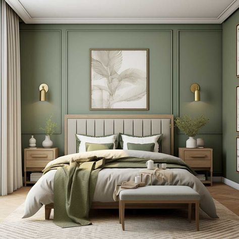 Best Paint Color For Bedroom With Oak Furniture, Green Palette Bedroom Ideas, Hunter Green And Mauve Bedroom, Modern Bedroom Colours, Couple Bedroom Colour Combinations, Paint For Rooms Bedrooms Wall Colors, Green Gold Cream Bedroom, Colour Walls Bedroom, Oak Bed Bedroom Ideas