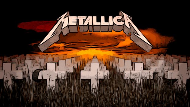 the logo for metallic in front of an image of grass and sky with orange clouds