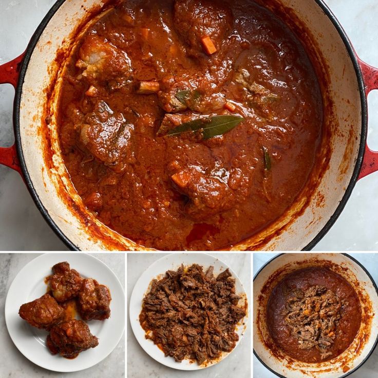 several different pictures of food being cooked in a pot