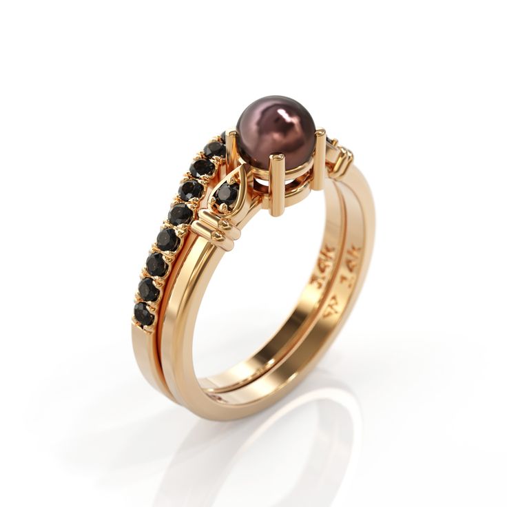 Set 14k Rose gold black pearl ring with 2 side black diamond & black diamond wedding band Black Freshwater Pearl engagement ring with lovely diamonds, set in 14k solid gold. ► FEATURES; Engagement ring. Gemstones: Freshwater black Pearl: 4- 5mm , Black Diamond: Total diamond carat weight: 0.03 Material options: 14k rose gold, 14k yellow gold, 14k white gold wedding band Black Diamond: 17X1.5mm Total diamond carat weight: 0.25 Material options: 14k rose gold, 14k yellow gold, 14k white gold H Black Pearl Ring For Formal Occasions, Black Pearl Ring For Wedding In Fine Jewelry Style, Elegant Black Pearl Ring For Gift, Classic Black Pearl Ring For Wedding, Fine Jewelry Black Pearl Ring For Wedding, Black Pearl Ring Designs Unique, Black Luxury Pearl Ring For Formal Occasions, Fine Jewelry Black Pearl Ring, Black Pearl Ring Vintage