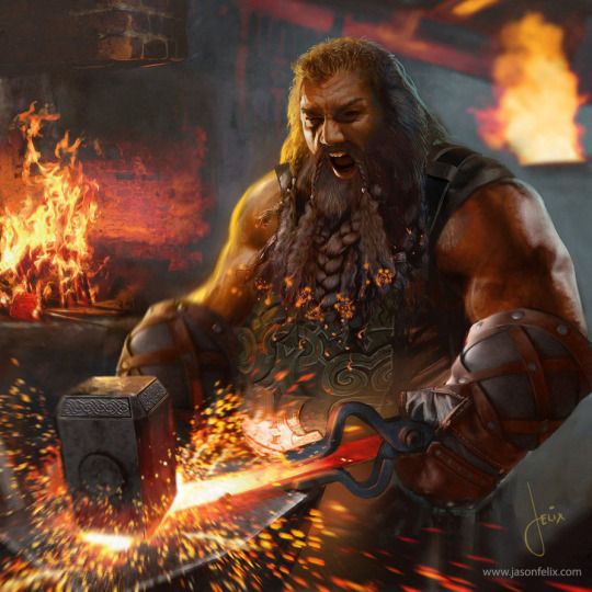 a man with long hair and beard holding a hammer in front of an open fire