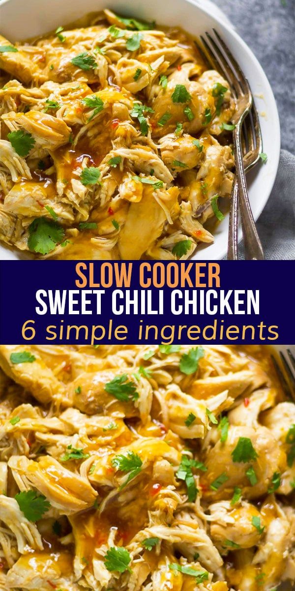 slow cooker sweet chili chicken in a white casserole dish with text overlay