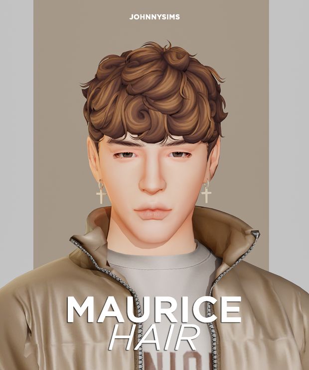 an animated image of a young man wearing a brown jacket and silver earrings with the words maurice hair no