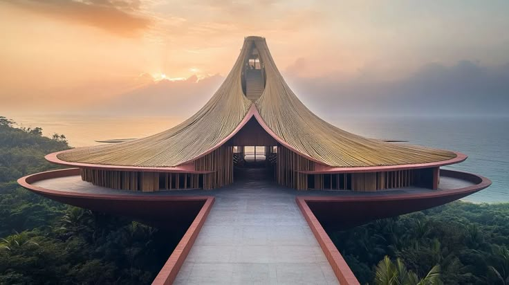 an unusual building sits on top of a hill overlooking the ocean at sunset or sunrise