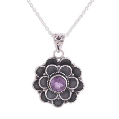 Inspired by the beauty of the Dahlia flower Indian artisan Babun Dey presents a pendant necklace with a floral beauty. A Dahlia flower with round petals is crafted by hand of sterling silver given a combination of finishes. The necklace is completed by a two-carat amethyst stone that rests at the center of the flower. Gemstone Cuff Bracelet, Purple Dahlia, Amethyst Pendant Necklace, Garnet Heart, Amethyst Necklace Pendant, Amethyst Color, Dahlia Flower, Amethyst Pendant, Bracelet Crafts