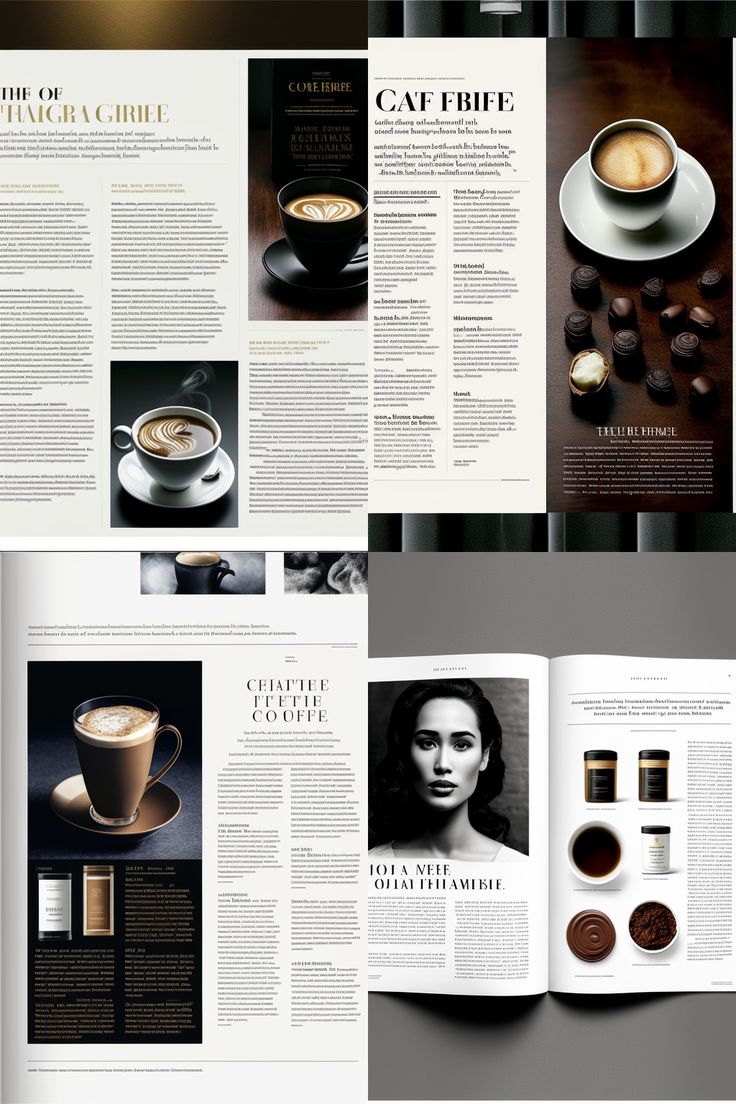 an open magazine with coffee and chocolates on the pages, in black and white