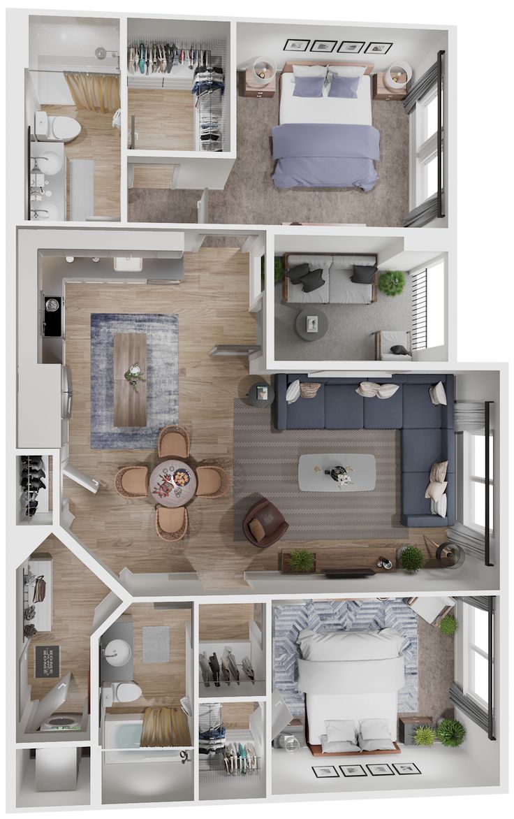 an overhead view of a two bedroom apartment