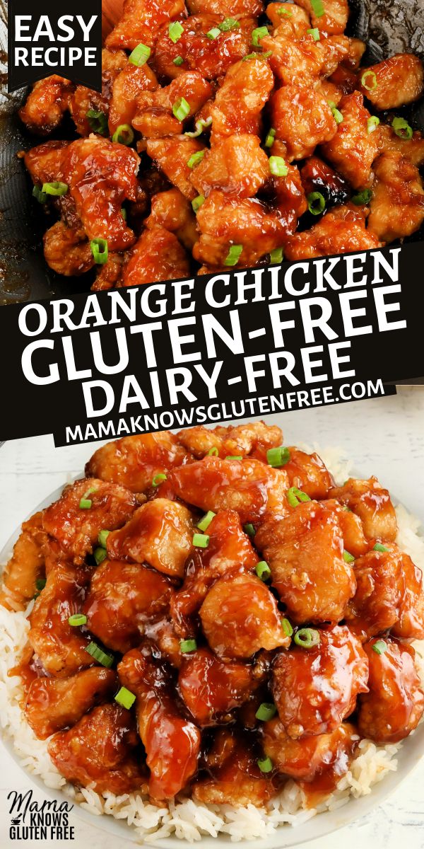 orange chicken is served over rice with green onions on top and in the background text reads easy recipe for orange chicken gluten - free dairy - free