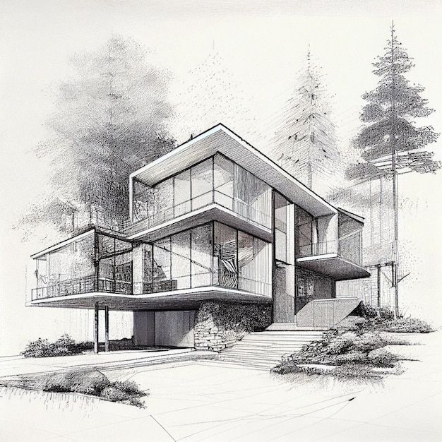 a drawing of a house in the middle of some trees and bushes, with stairs leading up to it