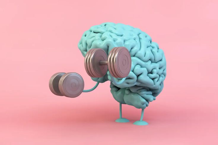 a cartoon brain with two dumbs on its head and one hand holding a pair of dumbbells