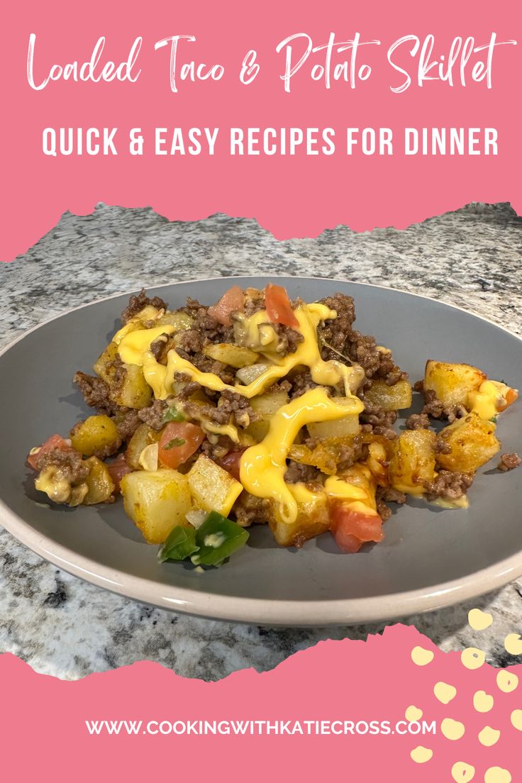 a plate with some food on it and the words, loaded taco potato skillet