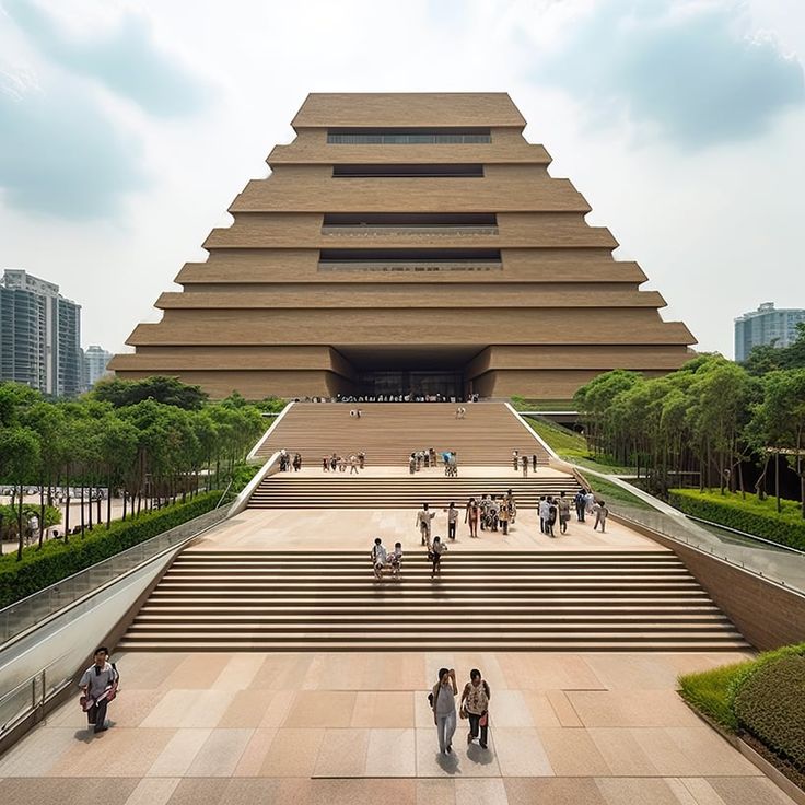 people are walking around in front of a large building with steps leading up to it