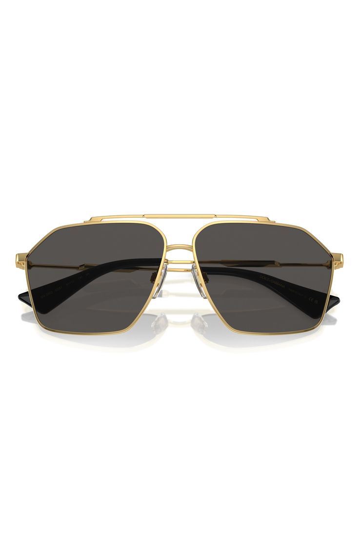 Modern pilot frames fitted with adjustable nose pads define these Italian-crafted sunglasses made from lightweight, polished metal. 61mm lens width; 12mm bridge width; 145mm temple length 100% UV protection Adjustable nonslip nose pads Metal Made in Italy Gold Classic Shield Sunglasses With Metal Frame, Gold Shield Sunglasses With Metal Frame, Gold Aviator Sunglasses With Anti-reflective Coating, Classic Gold Shield Sunglasses With Uva Protection, Gold Aviator Shield Sunglasses With Uv Protection, Modern Aviator Shield Sunglasses With Metal Frame, Modern Gold Shield Sunglasses With Metal Frame, Modern Metal Frame Aviator Sunglasses, Luxury Gold Aviator Sunglasses With Anti-reflective