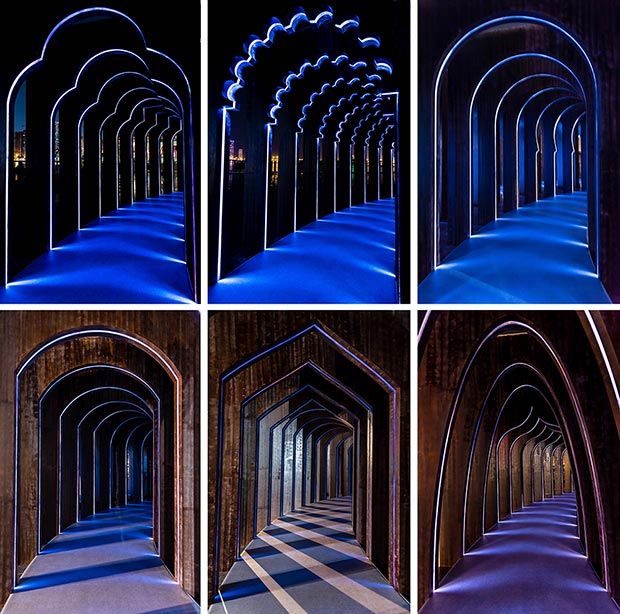 four different angles of an arch in a building with blue light coming from the top and bottom