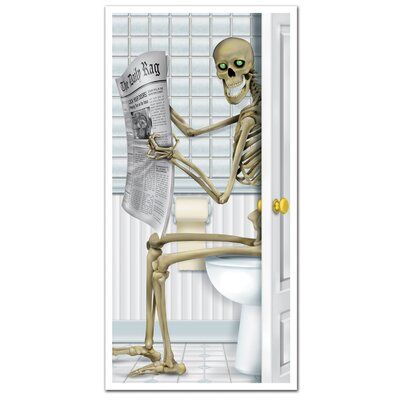 a skeleton sitting on a toilet reading a newspaper while holding the arm of another skeleton