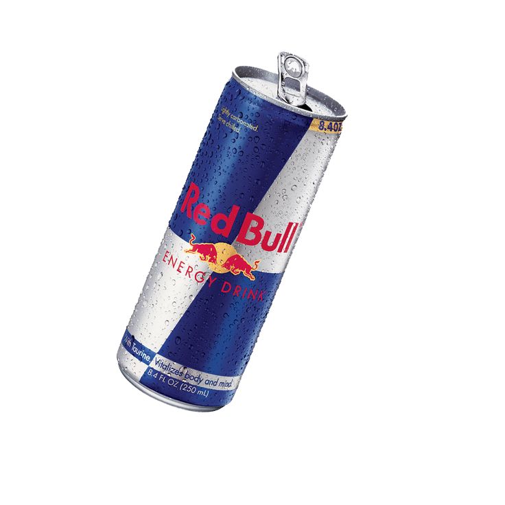 a can of red bull energy drink hanging from a chain on a white background with clippings