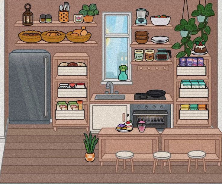 an illustration of a kitchen filled with lots of counter space and shelves full of food