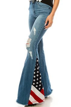 FLAG FLARE PANTS – Trailsclothing.com Trendy Cotton Flares With Frayed Hem, Trendy Cotton Bottoms With Flared Hem, Trendy Medium Wash Cotton Flares, Trendy High Rise Cotton Flares, Trendy Cotton Flares With Flared Hem, Dark Wash Cotton Flares For Fall, Fall Dark Wash Cotton Flares, Denim Blue Cotton Flares For Fall, Casual Cotton Flared Hem Jeans