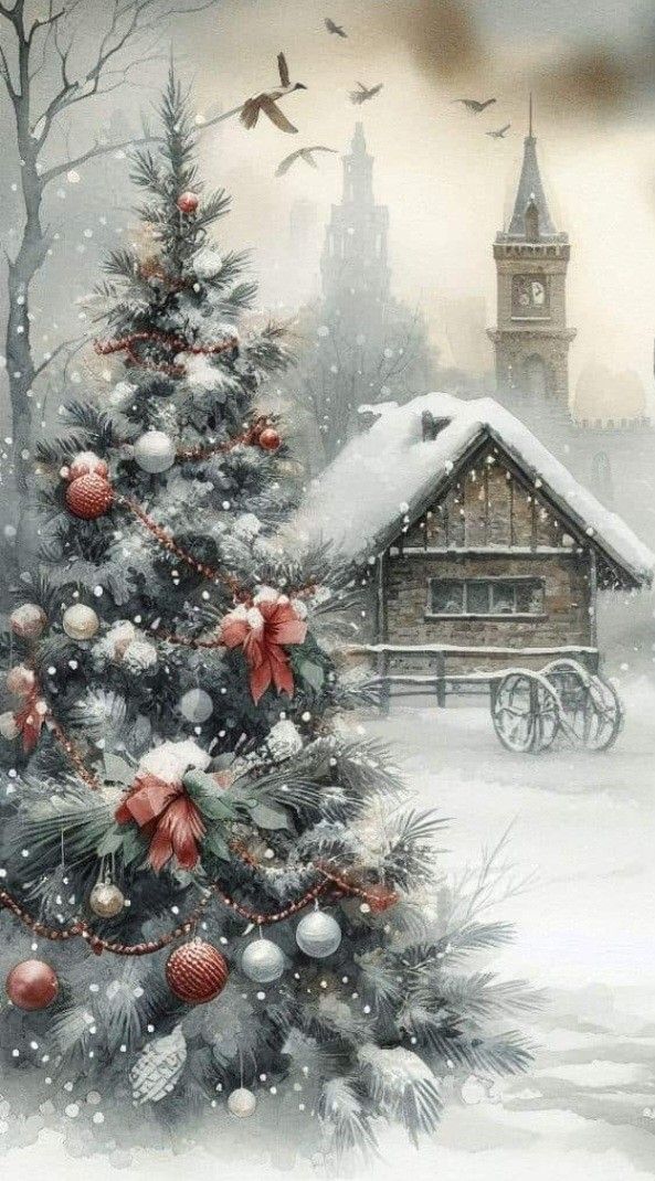 a painting of a christmas tree in the snow