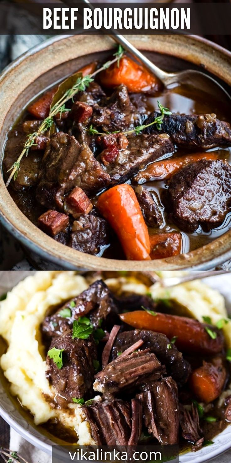 beef bourgugion with mashed potatoes and carrots in a brown bowl