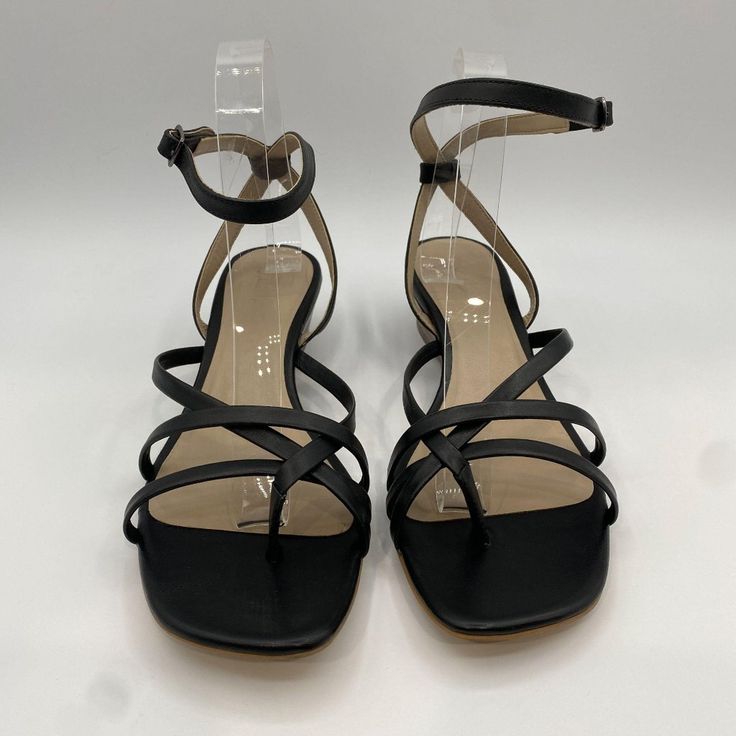 Condition: New Size: 7.5, 8.5 Color: Black Chic Black Wedge Sandals, Black Low Heel Wedge Sandals With Heel Strap, Black Round Toe Kitten Heels For Summer, Black Toe Post Wedge Sandals For Spring, Chic Black Toe Post Wedge Sandals, Chic Black Kitten Heels For Summer, Black Low Heel Wedge Sandals, Black Low Heel Wedge Sandals With Stacked Heel, Black Low Heel Wedge Sandals For Summer