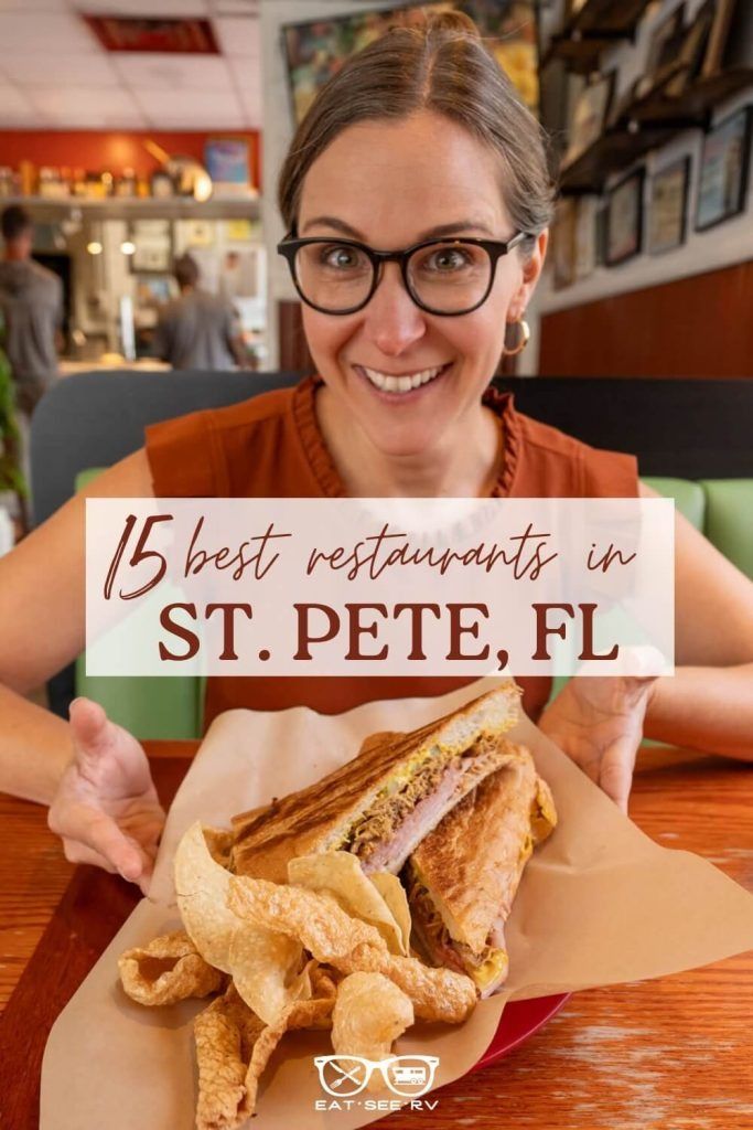 a woman sitting at a table with a plate of food in front of her and the words best restaurants in st pete fl