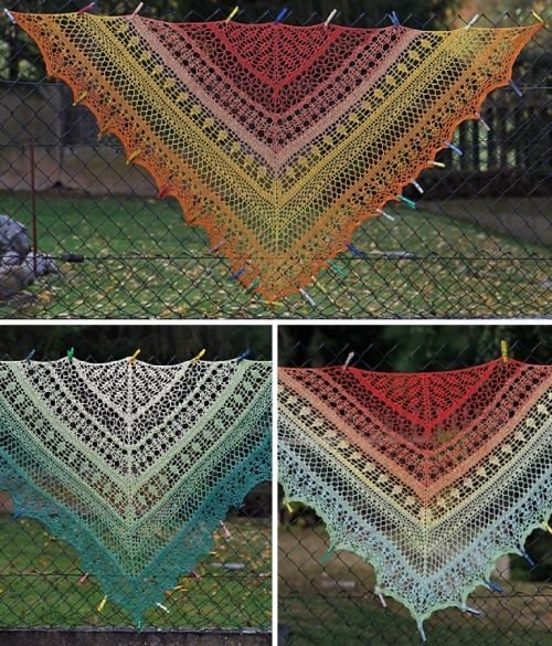 three different pictures of a crocheted shawl hanging on a fence