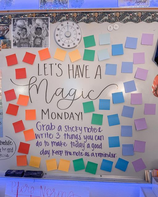 a bulletin board with post - it notes on it that says, let's have a magic monday