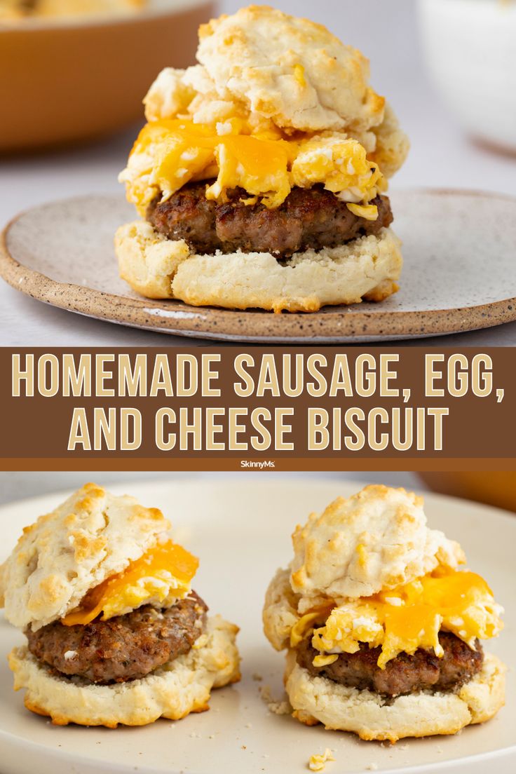 an egg and cheese biscuit is on a plate with the words homemade sausage, egg, and cheese biscuit